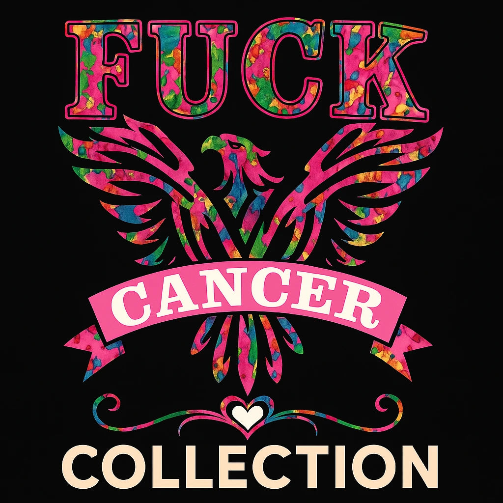 Black t-shirt with bold pink “Fck Cancer” graphic featuring a phoenix design – empowering cancer awareness shirt by Black Heart Tees Clothing.