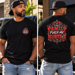 A man wearing a black graphic t-shirt shown from both the front and back. The front features a small red and white crown logo on the left chest, and the back features a large red and white graphic reading 'FAMILY FUELS MY HUSTLE' with a crown.