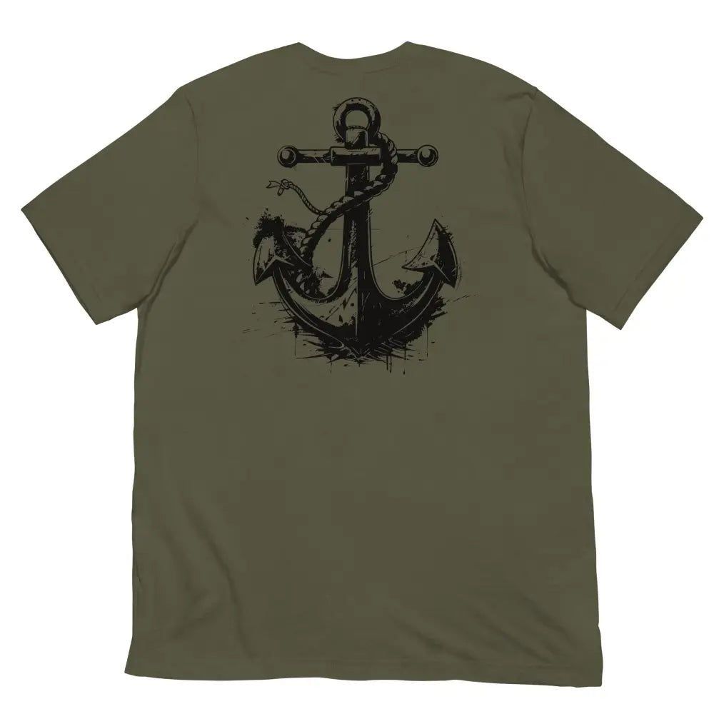 Anchor Strength T-shirt by Black Heart Tees Clothing – Symbolizing Resilience and Inner Strength (Back View, Military Green)