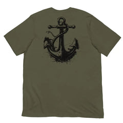 Anchor Strength T-shirt by Black Heart Tees Clothing – Symbolizing Resilience and Inner Strength (Back View, Military Green)