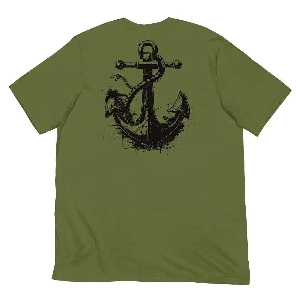 Anchor Strength T-shirt by Black Heart Tees Clothing – Symbolizing Resilience and Inner Strength (Back View, Olive Green)