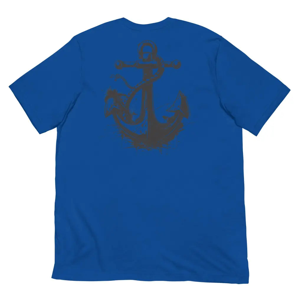 Anchor Strength T-shirt by Black Heart Tees Clothing – Symbolizing Resilience and Inner Strength (Back View, Royal Blue)