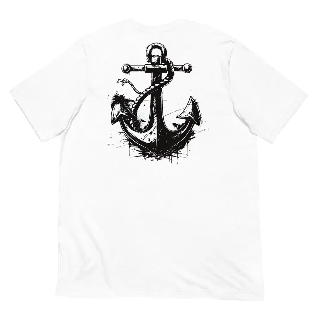 Anchor Strength T-shirt by Black Heart Tees Clothing – Symbolizing Resilience and Inner Strength (Back View, White)