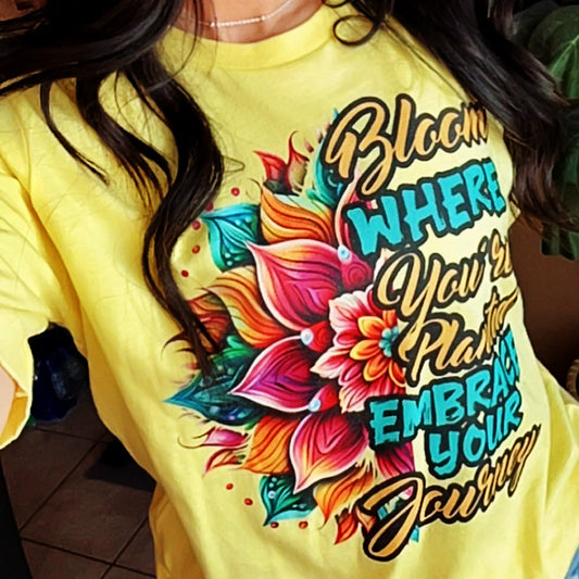 Black Heart Tees Bloom Where You’re Planted T-shirt with vibrant floral artwork with motivational text message