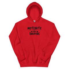 Black Print Motivate Inspire Hoodie – bold motivational streetwear by Black Heart Tees Clothing for comfort, empowerment, and everyday inspiration (Red Hoodie)