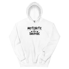Black Print Motivate Inspire Hoodie – bold motivational streetwear by Black Heart Tees Clothing for comfort, empowerment, and everyday inspiration (White Hoodie)