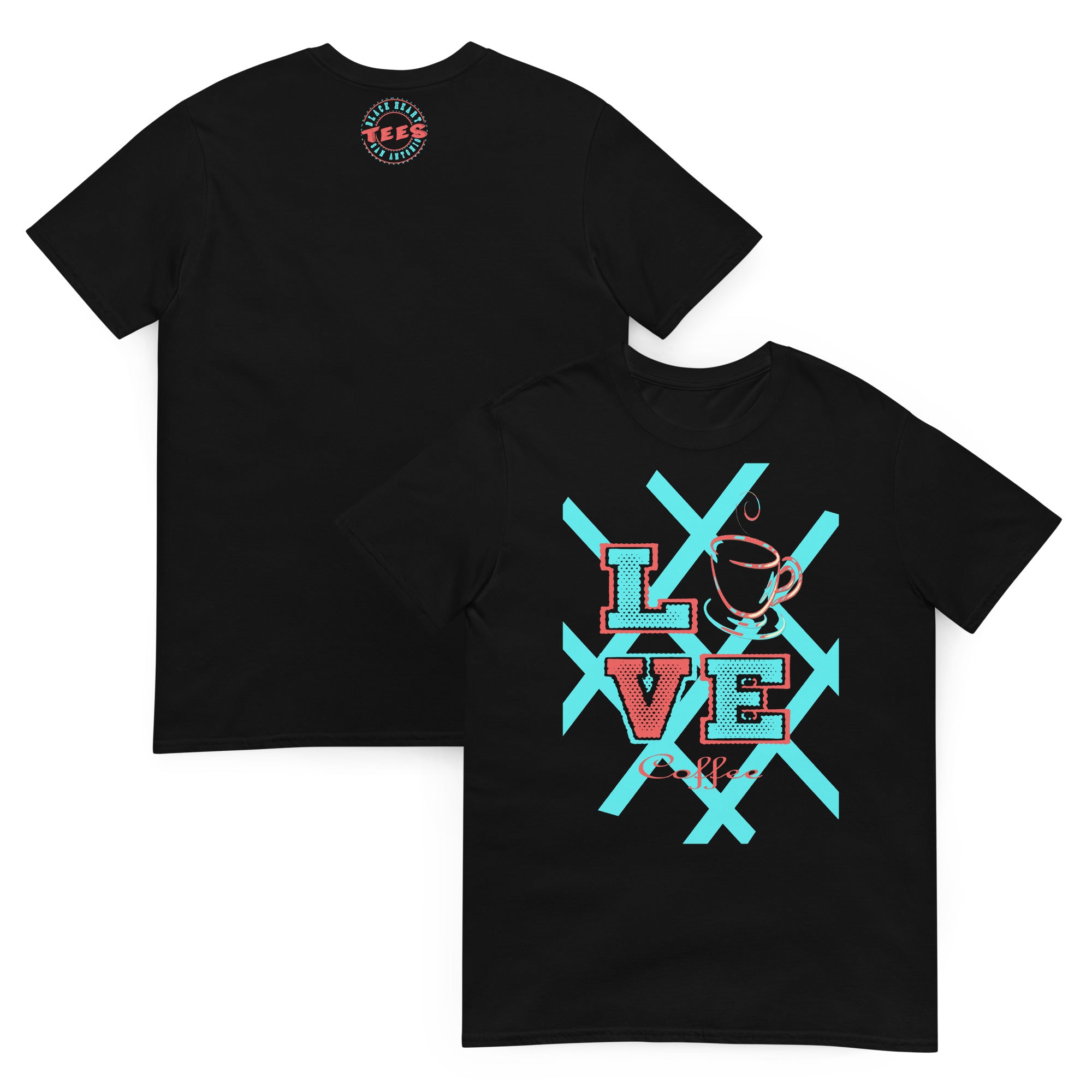 Flat lay of Love Coffee Black t-shirt – coffee lover gift idea with retro cup graphic