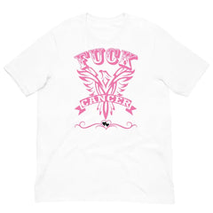 F Cancer T-Shirt – White breast cancer awareness tee by Black Heart Tees Clothing featuring pink “F Cancer” print, honoring strength and survival. (Front View)