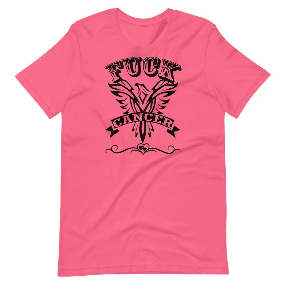 F Cancer T Shirt – Charity Pink cotton tee by Black Heart Tees Clothing featuring bold 'F Cancer' text design in black, symbolizing strength, defiance, and support. (Front View)