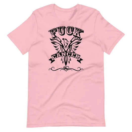 F Cancer T Shirt – Pink cotton tee by Black Heart Tees Clothing featuring bold 'F Cancer' text design in black, symbolizing strength, defiance, and support. (Front View)