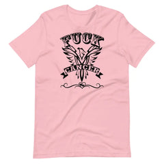 F Cancer T Shirt – Pink cotton tee by Black Heart Tees Clothing featuring bold 'F Cancer' text design in black, symbolizing strength, defiance, and support. (Front View)