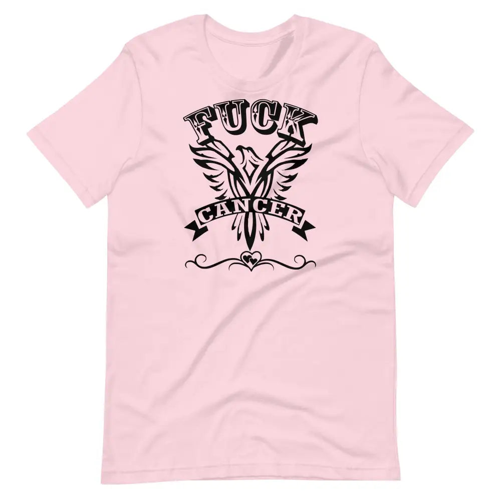 F Cancer T Shirt – Soft Pink cotton tee by Black Heart Tees Clothing featuring bold 'F Cancer' text design in black, symbolizing strength, defiance, and support. (Front View)