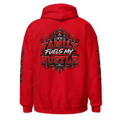Red Family Fuels My Hustle pullover hoodie, back view showing large crowned Family Fuels My Hustle graphic and sleeve prints