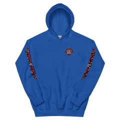 Royal Blue Family Fuels My Hustle pullover hoodie, front view showing small crowned FF/MH chest crest and printed sleeve artwork