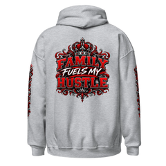 Sport Grey Family Fuels My Hustle pullover hoodie, back view showing large crowned Family Fuels My Hustle graphic and sleeve prints