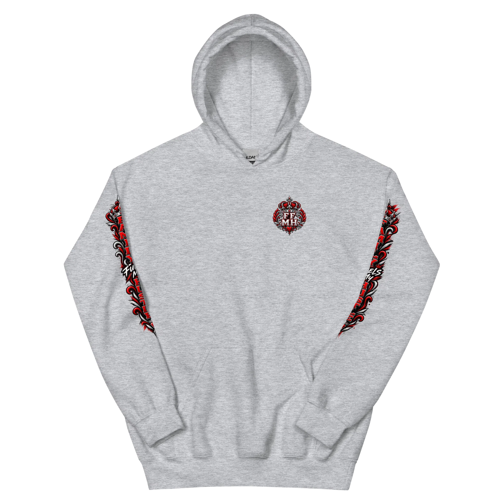 Sport Grey Family Fuels My Hustle pullover hoodie, front view showing small crowned FF/MH chest crest and printed sleeve artwork
