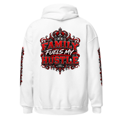 White Family Fuels My Hustle pullover hoodie, back view showing large crowned Family Fuels My Hustle graphic and sleeve prints