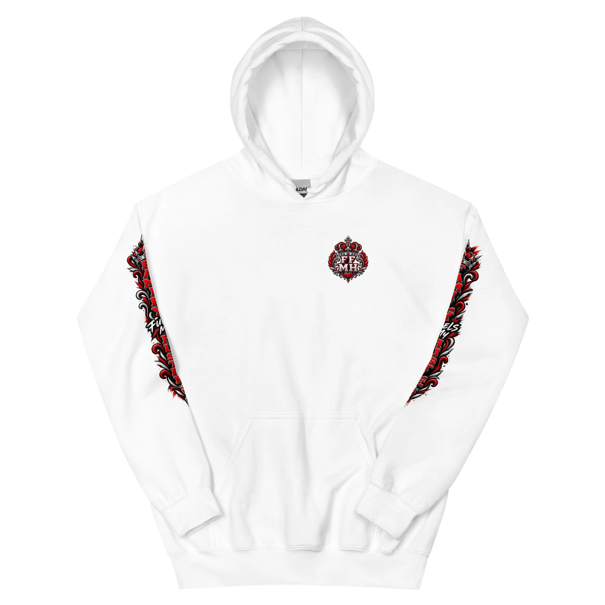 White Family Fuels My Hustle pullover hoodie, front view showing small crowned FF/MH chest crest and printed sleeve artwork