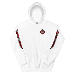 White Family Fuels My Hustle pullover hoodie, front view showing small crowned FF/MH chest crest and printed sleeve artwork