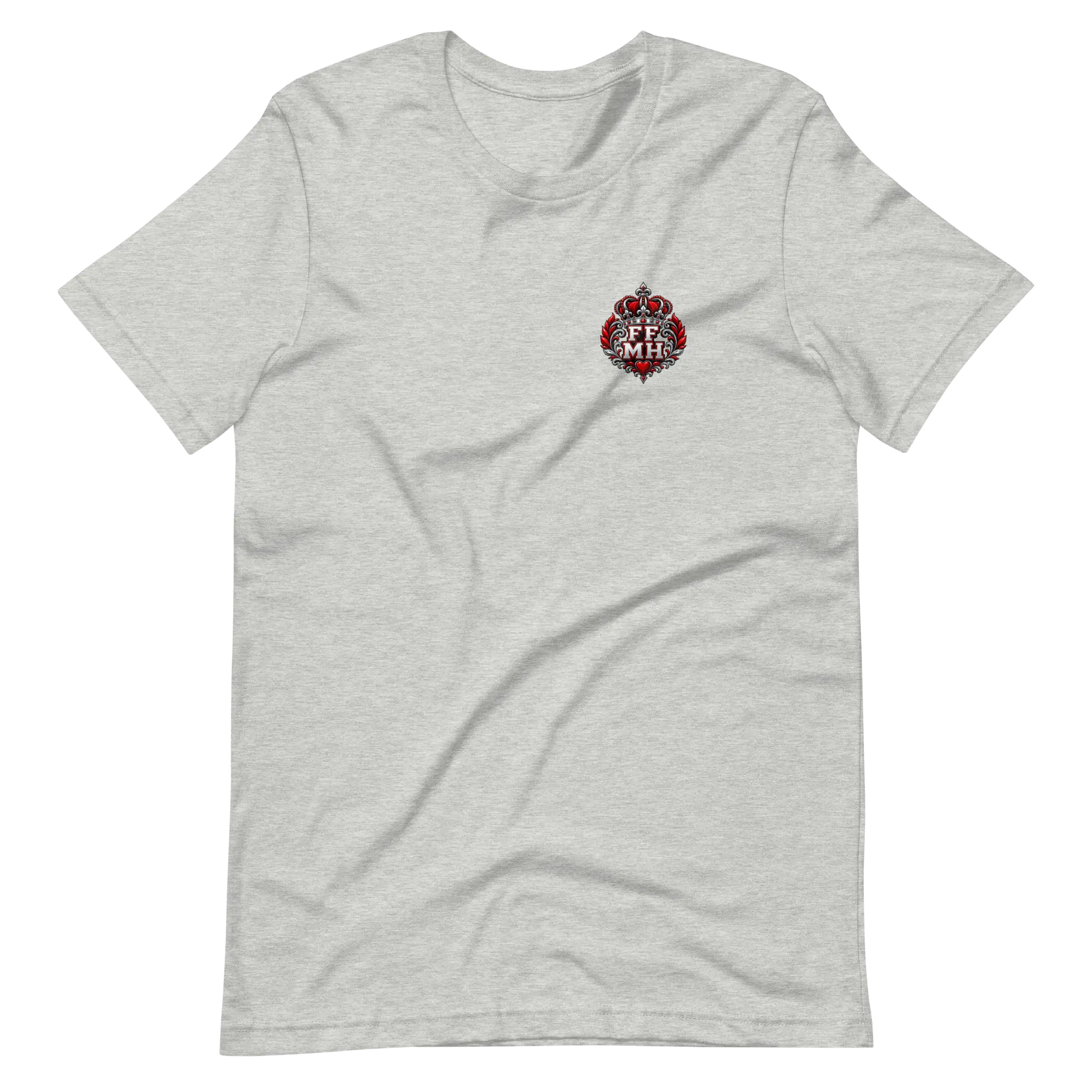 Athletic Heather Family Fuels My Hustle T-shirt, front view showing small FF/MH crowned crest on the left chest - Black Heart Tees motivational apparel