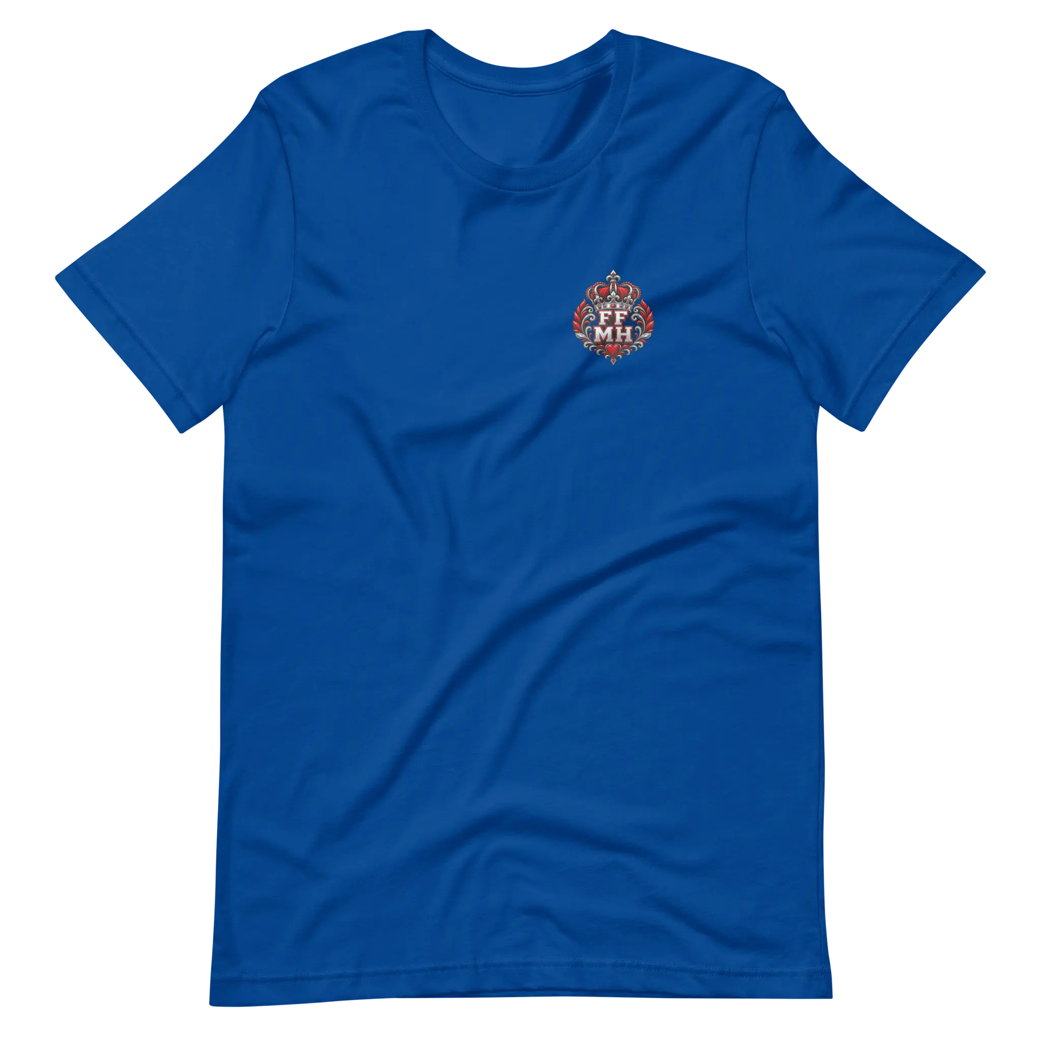 True Royal Family Fuels My Hustle T-shirt, front view showing small FF/MH crowned crest on the left chest - Black Heart Tees motivational apparel