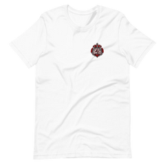 White Family Fuels My Hustle T-shirt, front view showing small FF/MH crowned crest on the left chest - Black Heart Tees motivational apparel