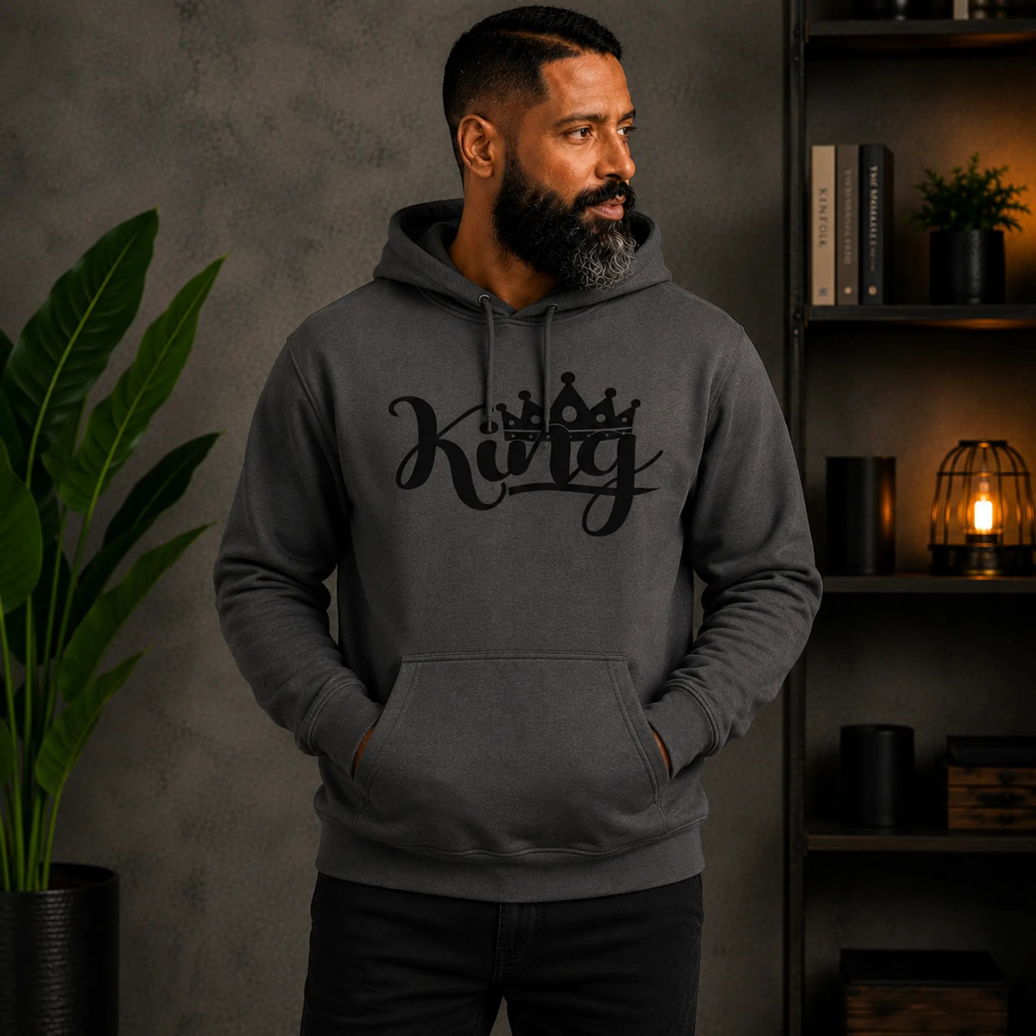 King Hoodie - dark grey with black crown graphic - motivational casual wear