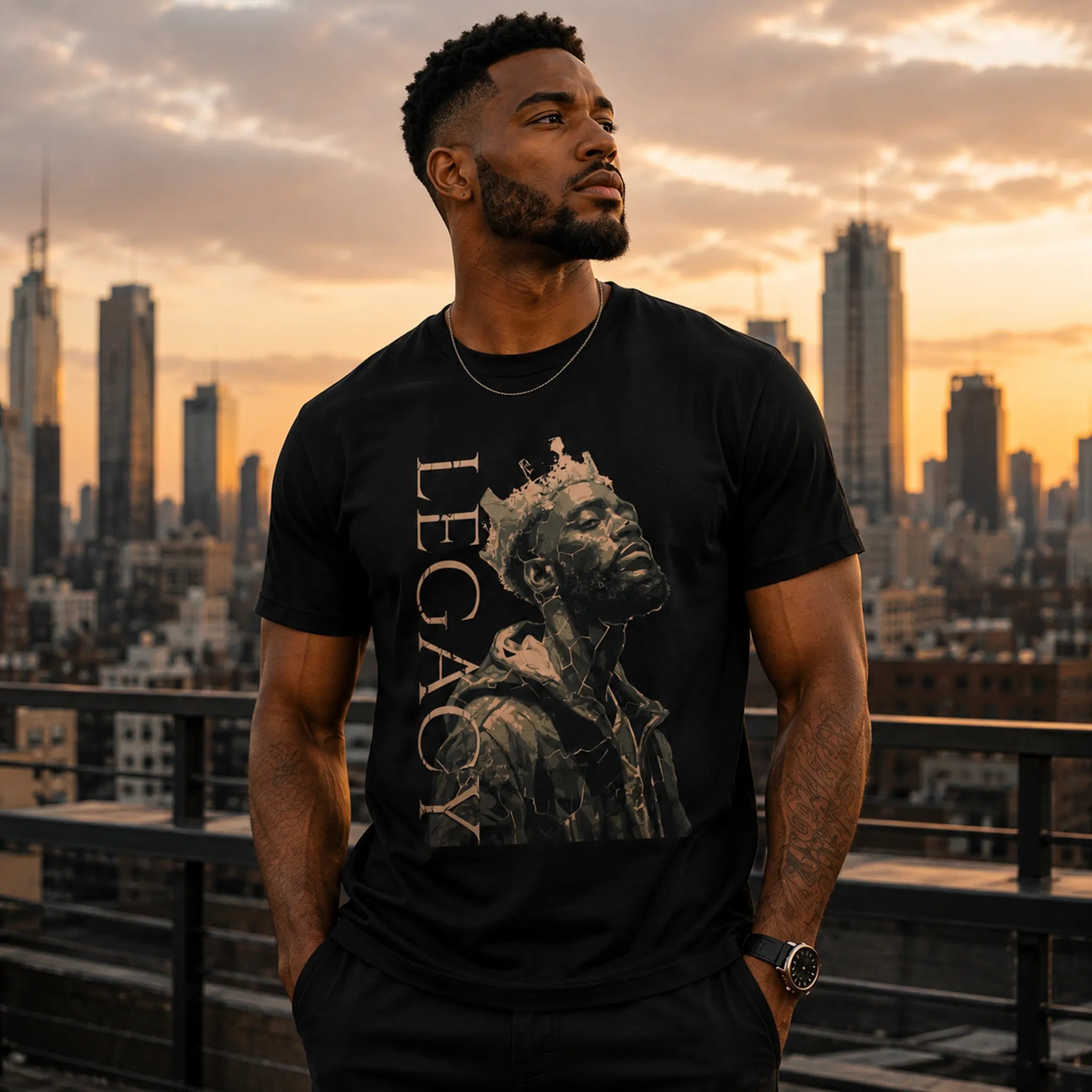 Man wearing King Legacy black graphic tee with crowned portrait design on a city rooftop at sunset – Black Heart Tees motivational apparel.