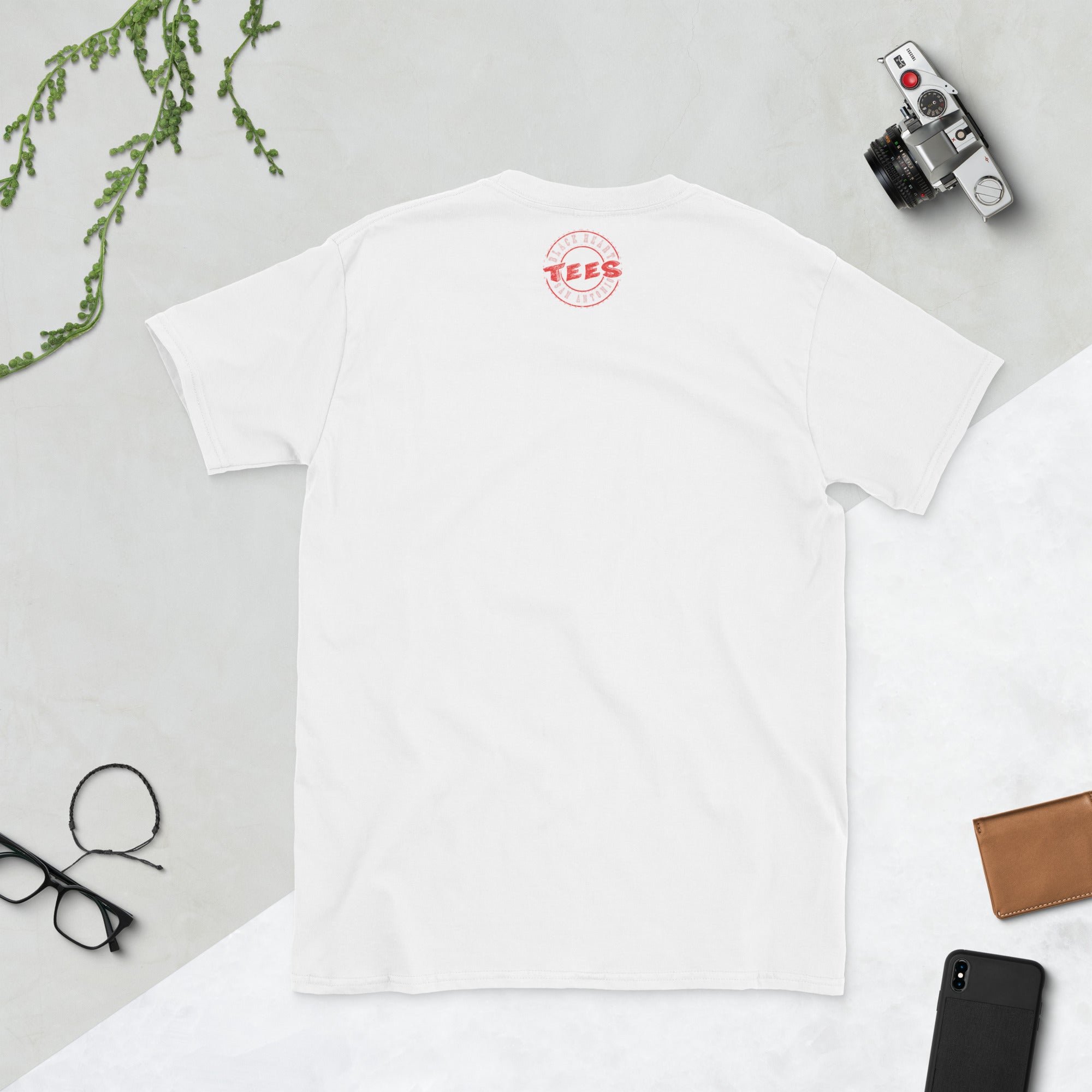 Flat lay of back view Love Coffee t-shirt – displaying a BHT Logo