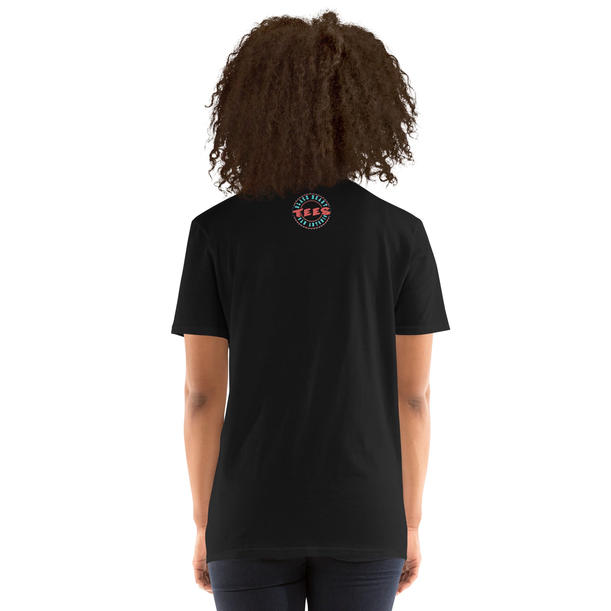 Model wearing Love Coffee Black graphic t-shirt for coffee lovers – retro coffee cup design (Back View)