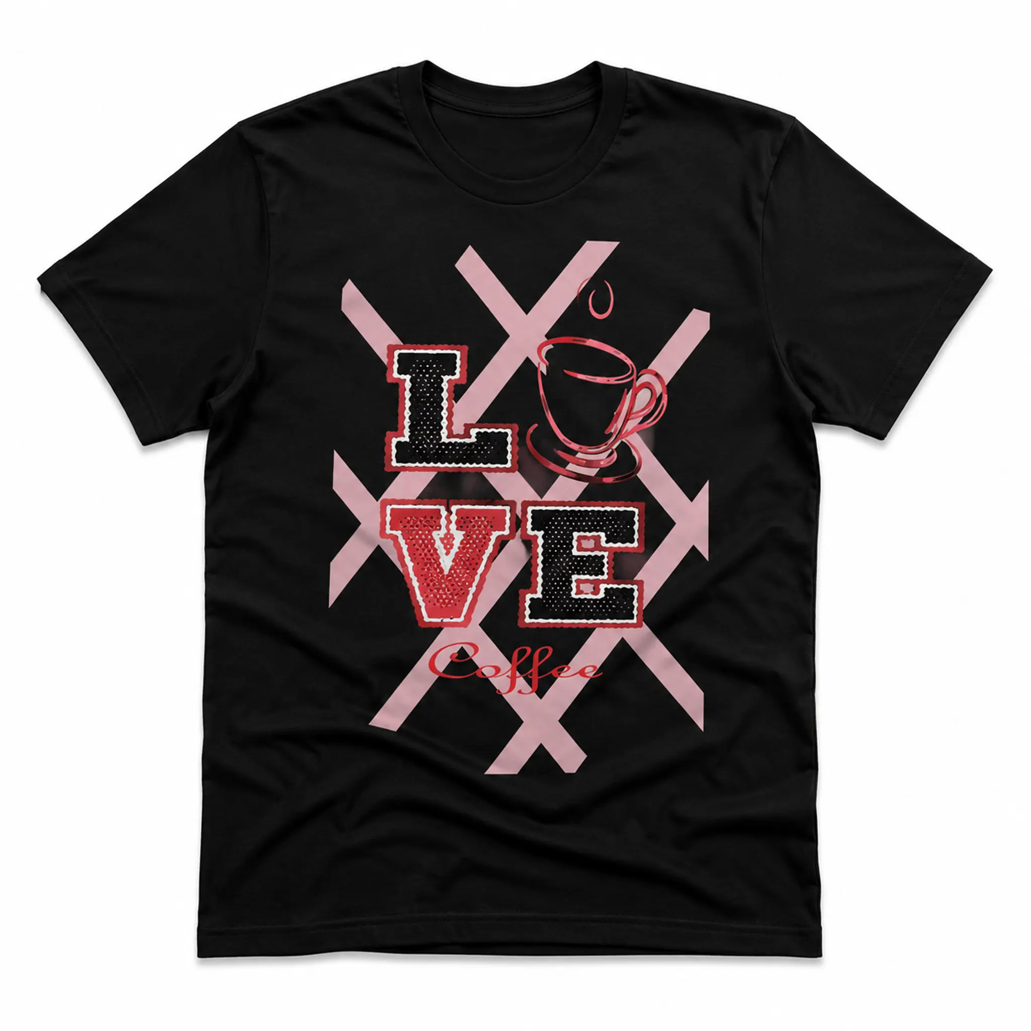 Love Coffee black graphic tee front flat lay with red pink and black coffee design – Black Heart Tees motivational apparel