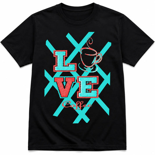 Black Love Coffee graphic tee with turquoise and coral coffee cup design on white background