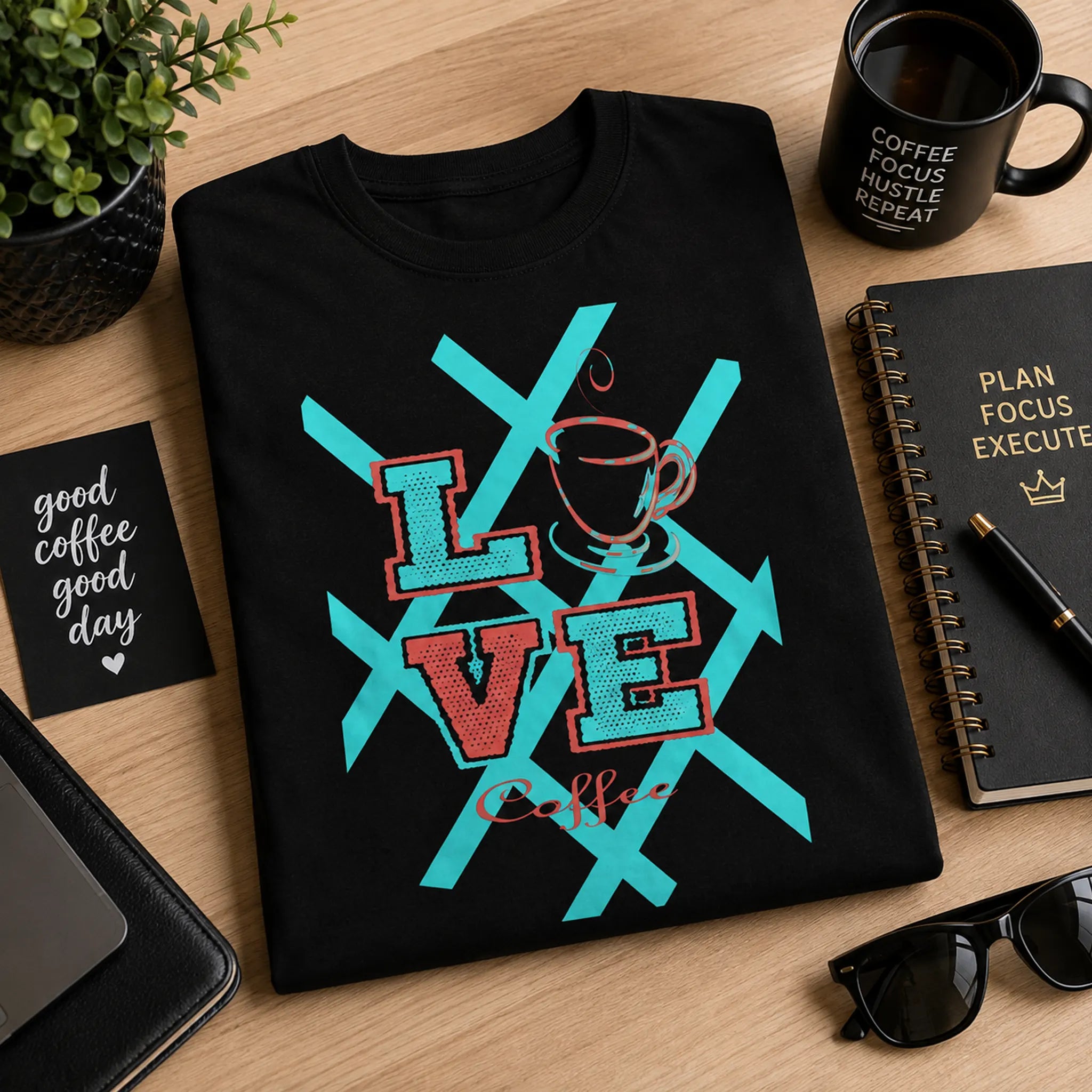 Love Coffee black graphic tee styled with coffee mug, notebook and plant on a modern workspace – Black Heart Tees motivational apparel