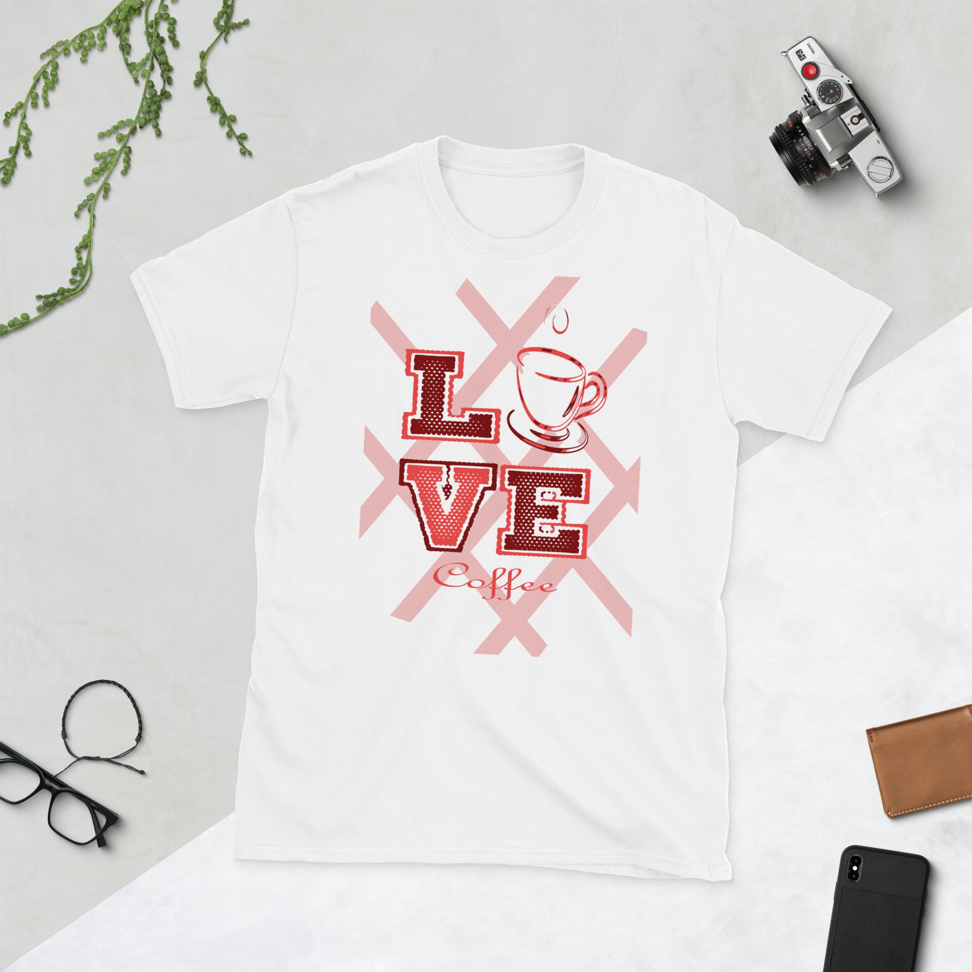 Flat lay of women’s Love Coffee t-shirt – cute coffee lover gift idea with retro cup graphic