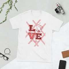 Flat lay of women’s Love Coffee t-shirt – cute coffee lover gift idea with retro cup graphic