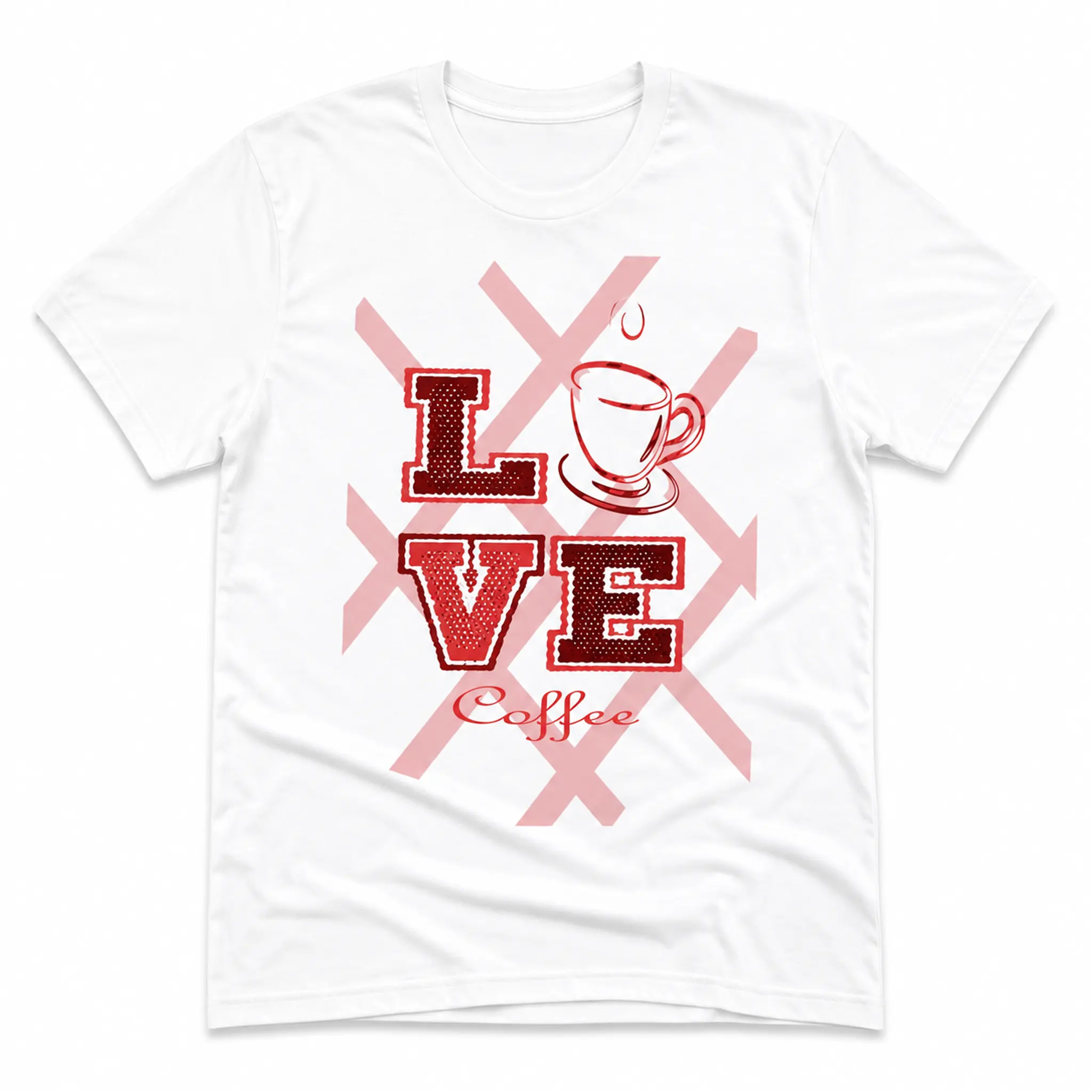Love Coffee white graphic tee front flat lay with red and pink coffee design – Black Heart Tees motivational apparel