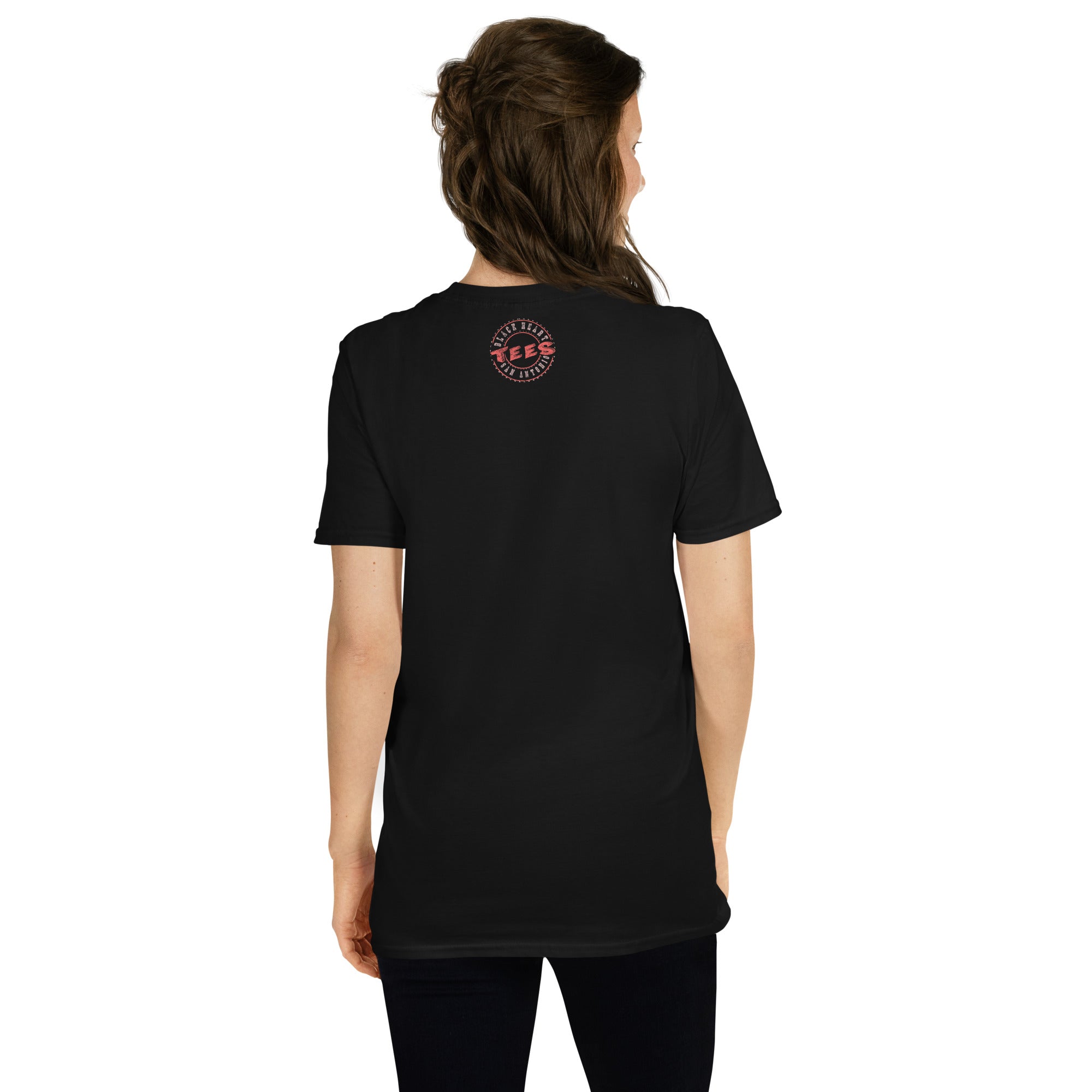 Person showing the back of a black t-shirt with a Black Heart Tees logo on the back of the black Love Coffee T Shirt.