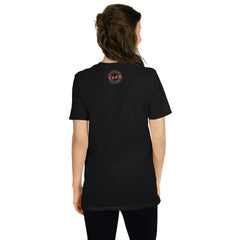 Person showing the back of a black t-shirt with a Black Heart Tees logo on the back of the black Love Coffee T Shirt.