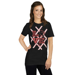 Woman wearing a black t-shirt with pink Love Coffee graphic design on a white background.