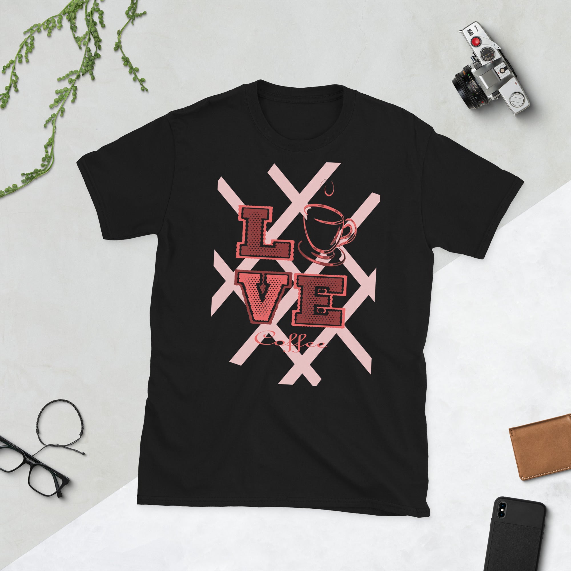 Front View of the Love Coffee t-shirt – Coffee Love Tee in pink design crosshatch, L Coffee Cup V E on the front,