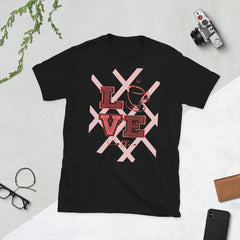 Front View of the Love Coffee t-shirt – Coffee Love Tee in pink design crosshatch, L Coffee Cup V E on the front,