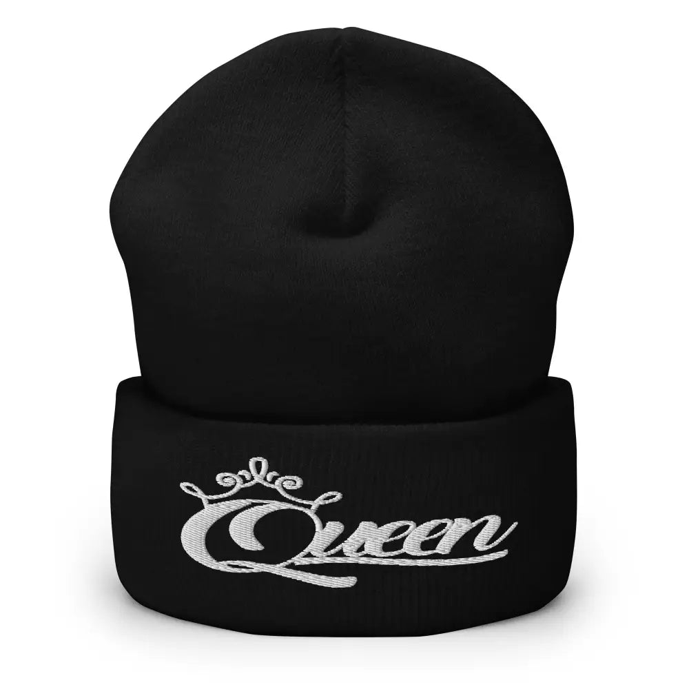 Queen Beanie – White Print Cuffed Hat for Women Who Own Their Crown in Black