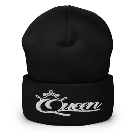 Queen Beanie – White Print Cuffed Hat for Women Who Own Their Crown in Black