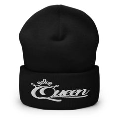 Queen Beanie – White Print Cuffed Hat for Women Who Own Their Crown in Black