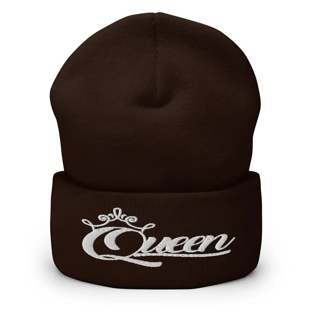 Queen Beanie – White Print Cuffed Hat for Women Who Own Their Crown in Brown