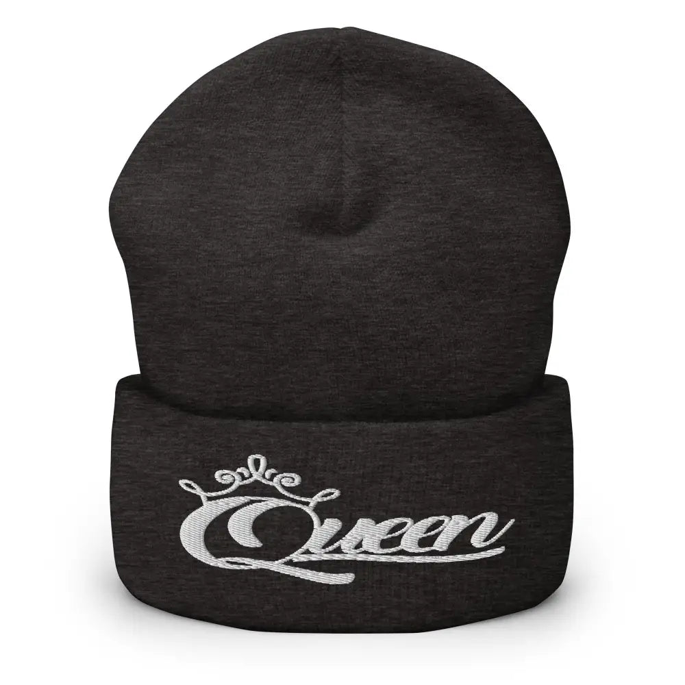 Queen Beanie – White Print Cuffed Hat for Women Who Own Their Crown in Dark Grey