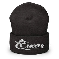 Queen Beanie – White Print Cuffed Hat for Women Who Own Their Crown in Dark Grey