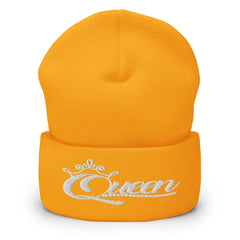 Queen Beanie – White Print Cuffed Hat for Women Who Own Their Crown in Gold