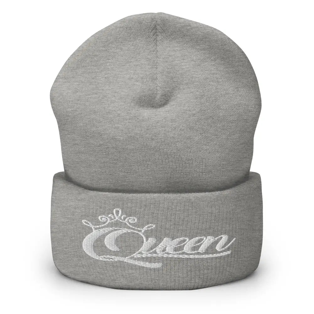 Queen Beanie – White Print Cuffed Hat for Women Who Own Their Crown in Heather Grey