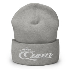 Queen Beanie – White Print Cuffed Hat for Women Who Own Their Crown in Heather Grey